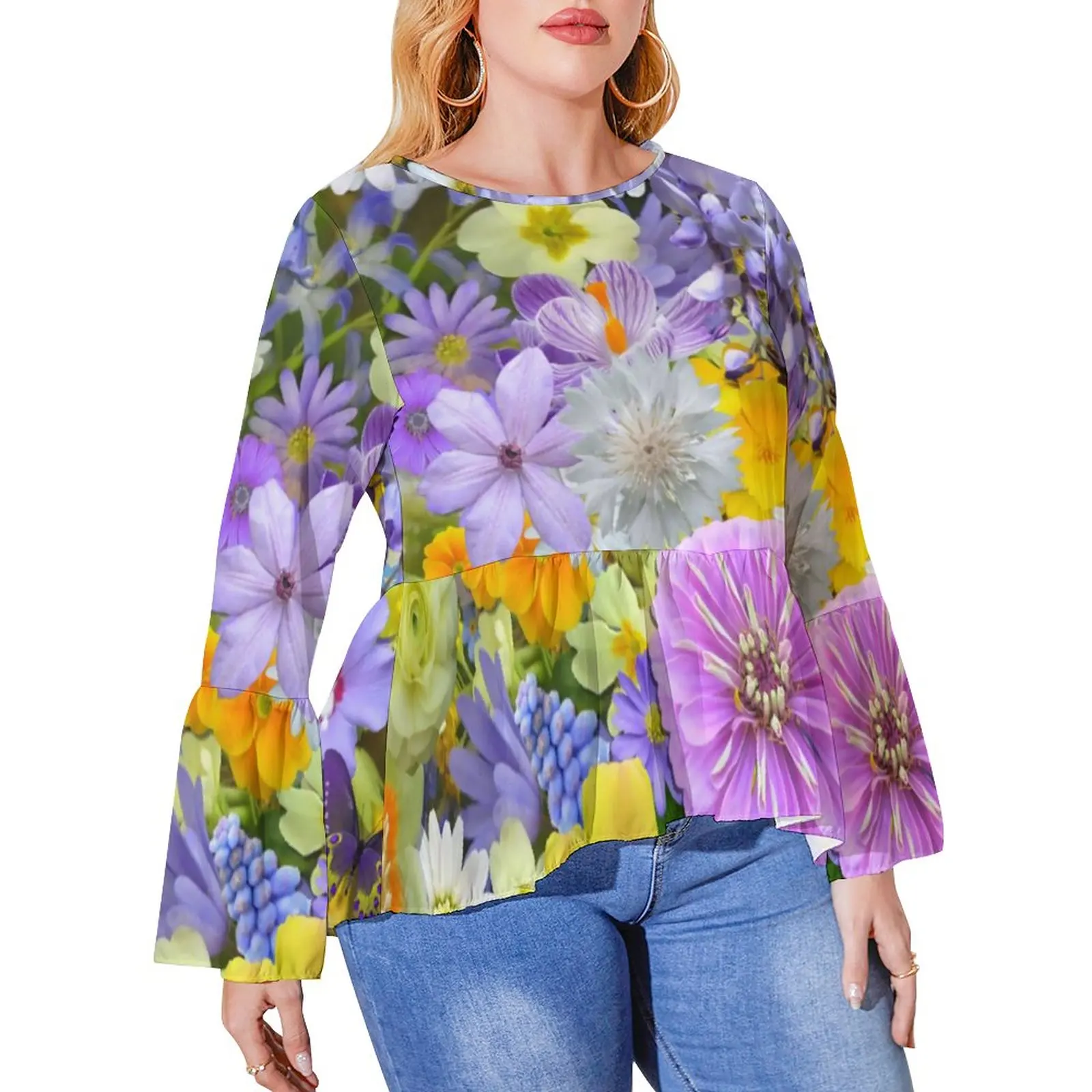 

Colorful Flower Print T-Shirts Florals and Butterflies Street Wear Long Sleeve T-Shirt Pretty Tees O Neck Tops Plus Size 5XL 6XL
