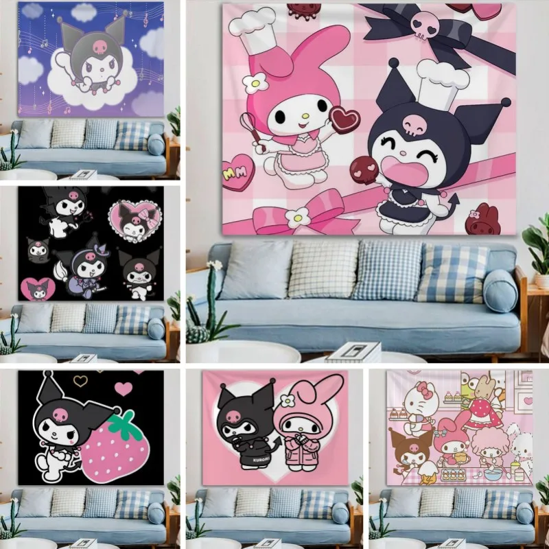 

Sanrios Kuromi My Melody Hanging Cloth Anime Kawaii Wall Decoration Cute Cartoon Poster Wall Sticker Background Cloth Tapestry