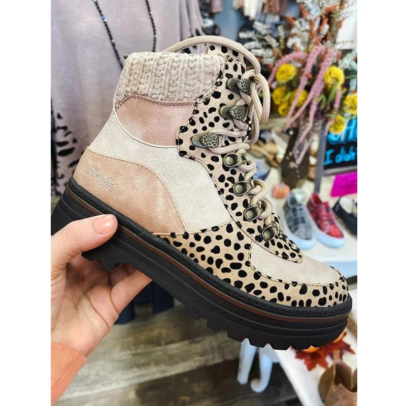 New Autumn Winter Leopard Women's Boots 2022 High Top Casual Shoes for Woman New Ladies Lace Up Platform Boot Botas Mujer