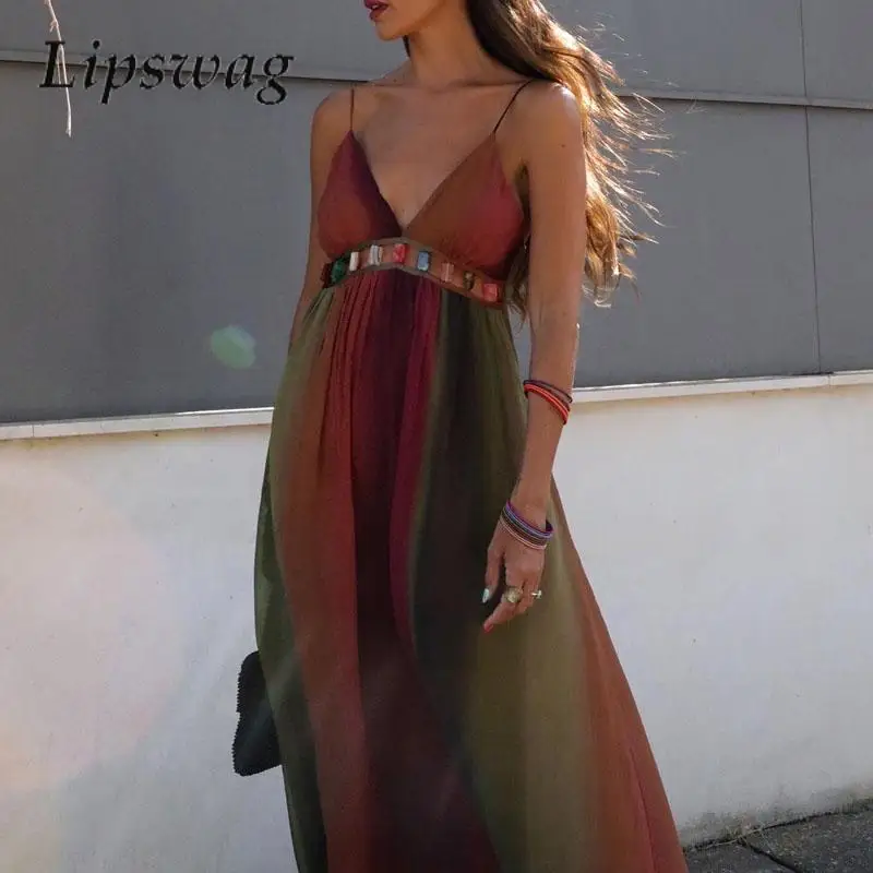 

2023 Fashion Gradual Change Suspender Hollow Dress Women Sexy V-Neck Jewel Waist Party Dress Summer Halter Bohemian Long Dresses