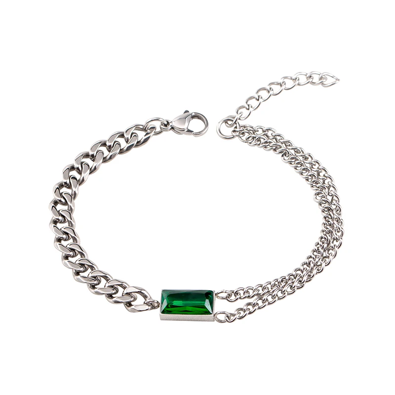 

Европейский тренд простой темпераментный мужской/женский браслет из нержавеющей стали соединение двойная цепь зеленые стеклянные браслет...