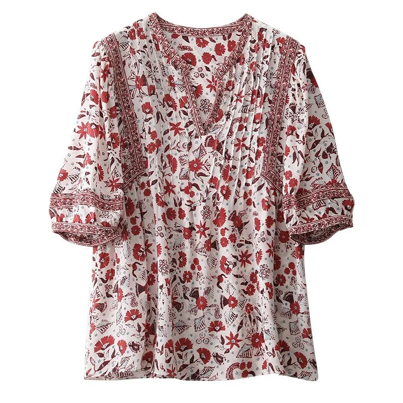 

Summer V-neck Chiffon Shirt Women 2022 Floral Print Vintage Blouses Women Casual Female Shirts Short-sleeve Tops Clothes 22214