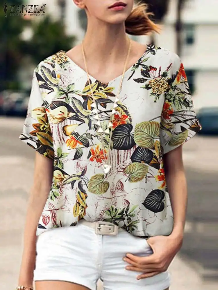 

ZANZEA Fashion Summer Short Sleeve Loose Tunic Tops Vintage Floral Printed Blouse Women Shirt Chemise Female Casual Party Blusas