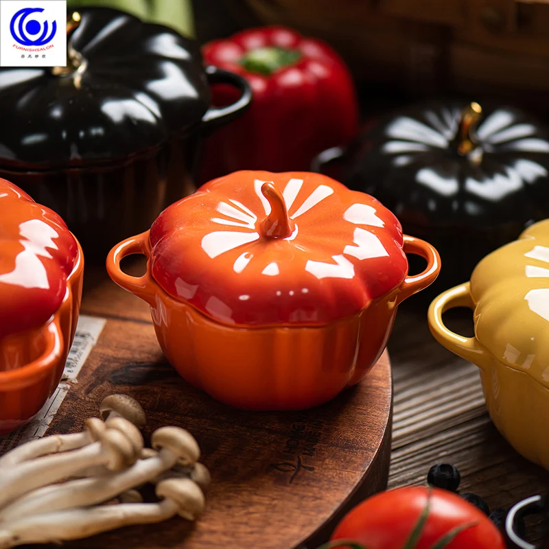 

Creative hand-painted pumpkin bowl with cover baking bowl baking tableware ceramic dessert soup bowl water separated stew cup