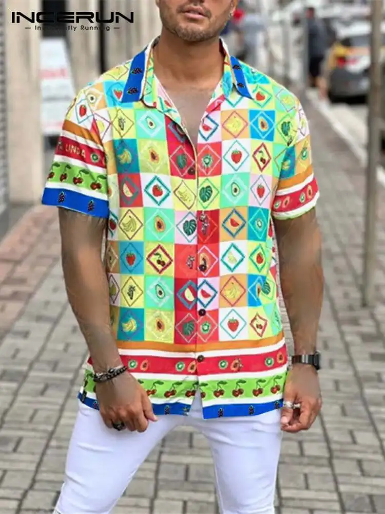 

INCERUN Men Shirt Fruit Printing Lapel Short Sleeve Button Streetwear Casual Hawaiian Shirts Summer 2022 Vacation Camisa S-5XL 7