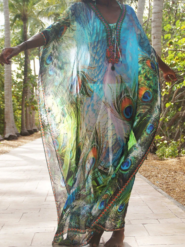 

Bikini Cover Up Peocock Feather Printed Chiffon Cape Beach Dresses Summer Pareo Swimsuit Bathing Suits Factory Supply