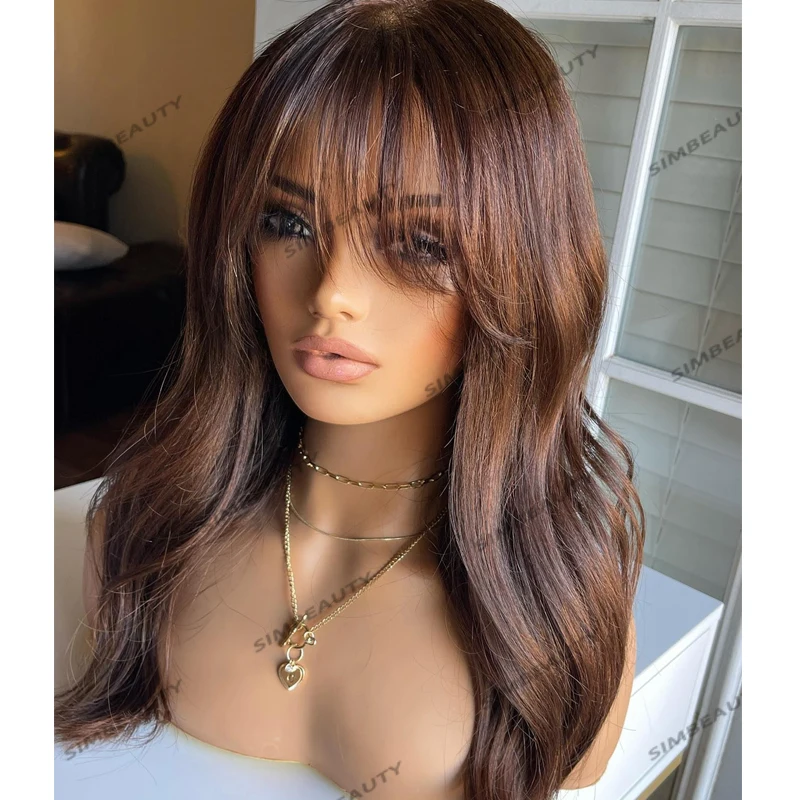 100% Remy Human Hair Women Wigs with Curtain Bangs Glueless 200Density Fringe Reddish Brown Wavy 5x5 Lace Closure Wigs for Women