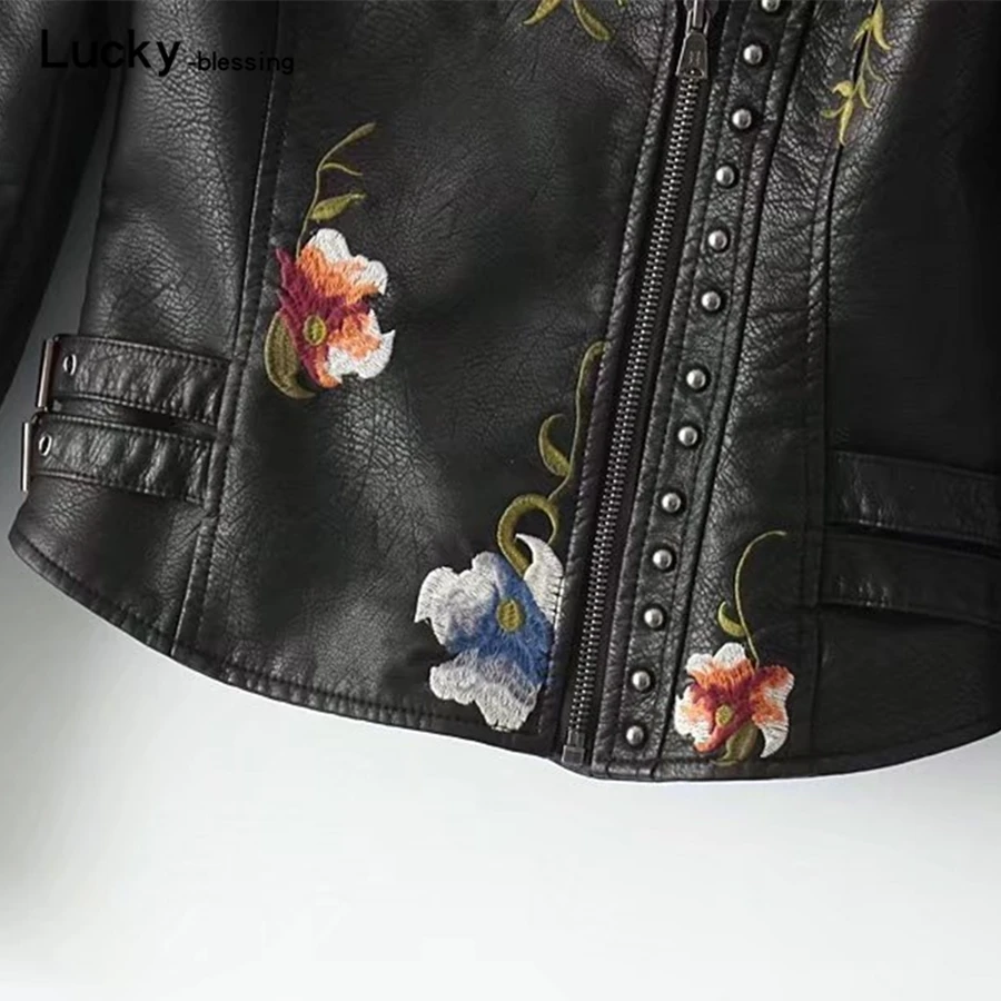 2022 New Spring Retro Floral Embroidery Faux Pu Leather Jacket Women Turndown Collar Moto Biker Coat Black Soft Punk Outerwear enlarge