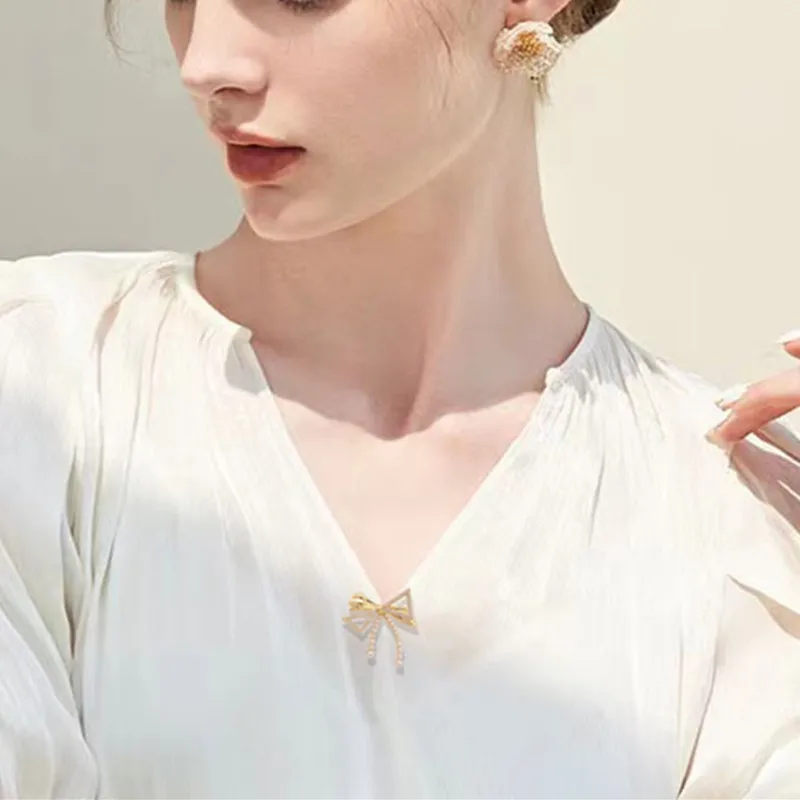 High-End Bowknot Small Brooch Women's Accessories Exquisite All-Match Suit Jacket Neckline Pins Fixing Buckle Pearl Jewelry 6015