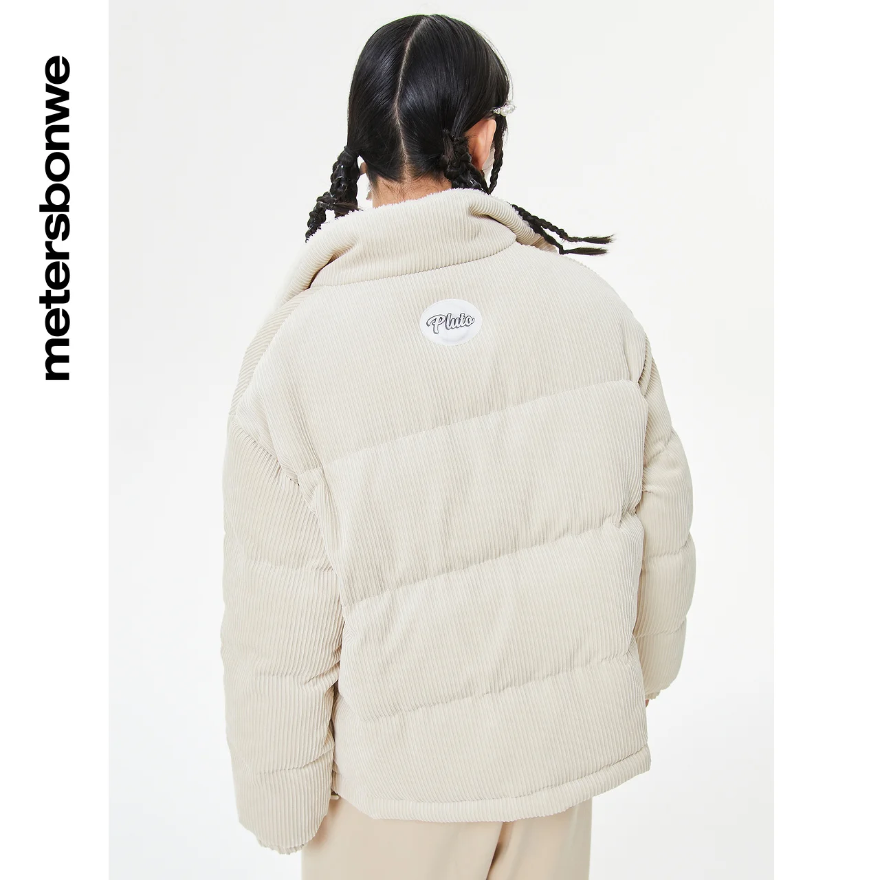 Metersbonwe Women's Corduroy Stand Collar Down Jackets 80%Light And Soft Duck Down Warm Wear Loose Solid Color Winter Down Coat