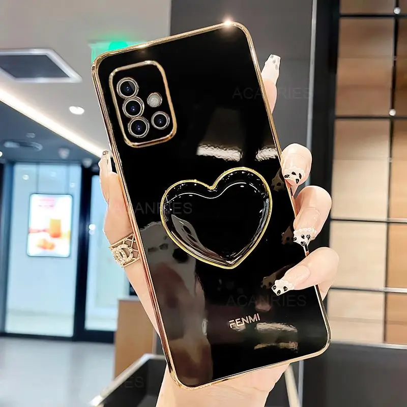 

Case For Samsung Galaxy A51 A71 A31 A21s A12 A22 4g Plating Love Heart Fold Phone Holder Luxury Silicone Cover On A 51 71 21s 12