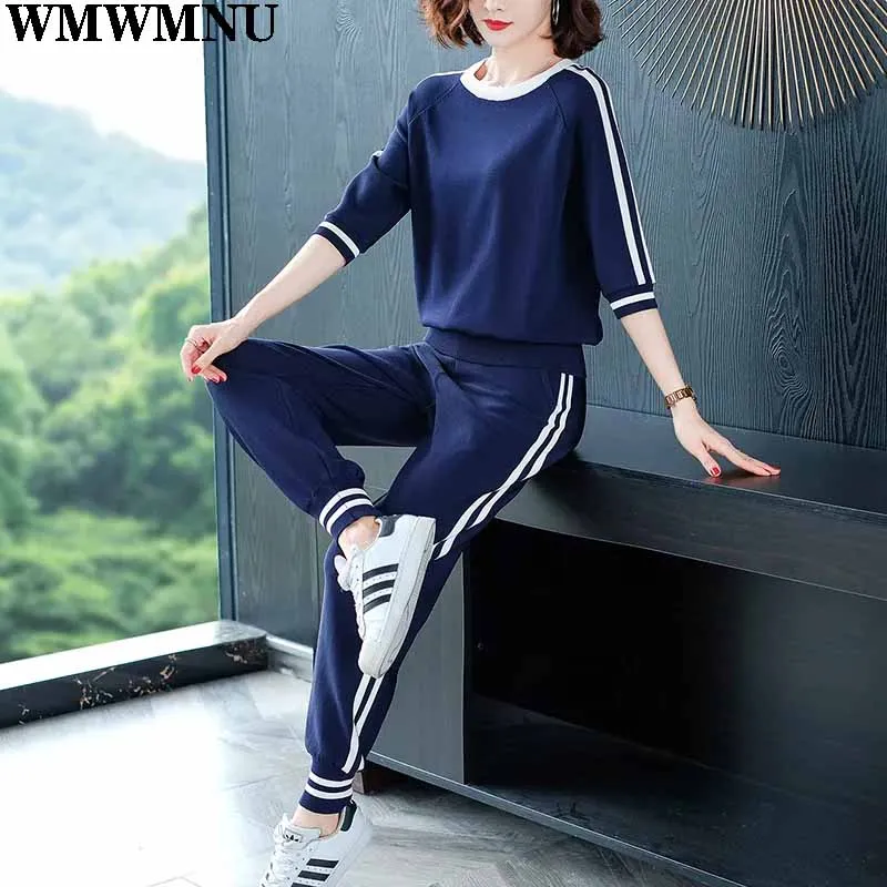 Ladies Fashion Knitted Tracksuit 2 Piece Set Women O-Neck Pullover Tops Set Summer Stripe Straight Wide Leg Pants Suit