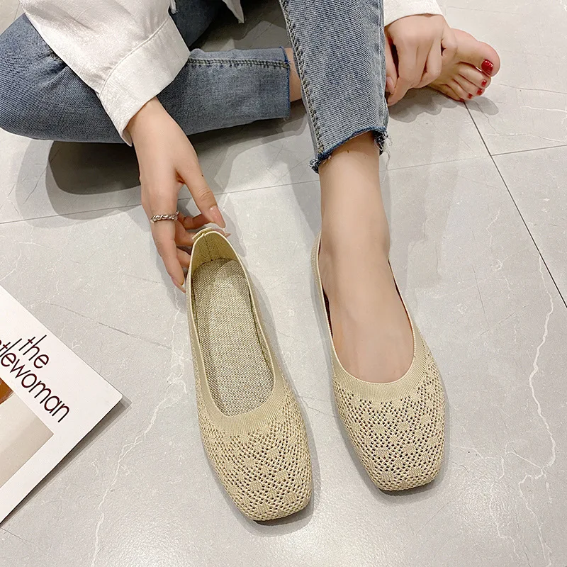 Women Breathable Shoes Square Toe Woven Beanie Shoes Soft Bottom Hollow Shallow Mouth Scoop Shoes Kpop Casual Flat Slip-on Shoes