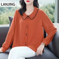 large size womens autumn long sleeved chiffon shirt womens 2021 new solid color loose top long sleeve shirt women