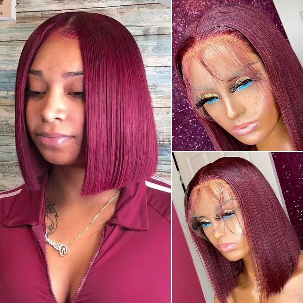 Red Burgandy Bob Human Hair 13x6 Lace Front Wig 99j Straight Brazilian Hair Wigs On Sale Clearance Preplucked And Bleached Knots