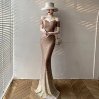 golden mermaid evening dresses off the shoulder elegant sequins sexy boat neck long wedding bridal party prom gowns vestidos new