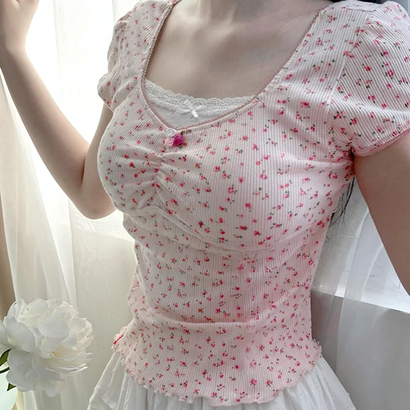 Iamhotty Y2k Женский Контрастный Кружевной Лоскутный Топ С Цветочным Принтом