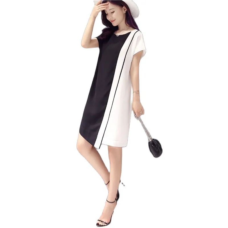

Женское свободное мини-платье, Элегантное черно-белое платье составного кроя с короткими рукавами, свободное платье большого размера в Корейском стиле на лето, 2023
