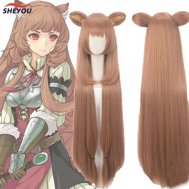 Карнавальный костюм в стиле аниме; Повышение уровня щит Hero Raphtalia Rafutaria 100 см длинное коричневое Жаростойкие накладные волосы Косплэй костюм парик + уши заколки для волос
