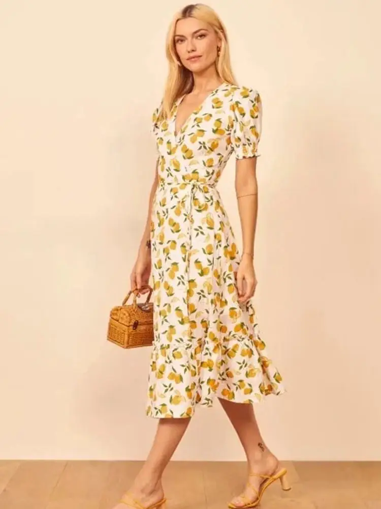

Spring Summer Vintage V-Neck Slim Print One Piece Short Sleeve Dress Women Midi Dresses