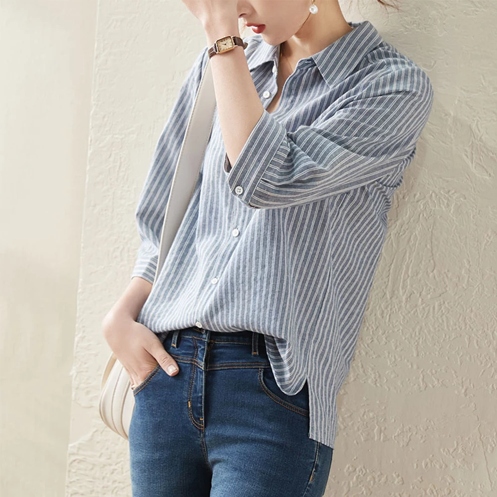 

Blouse Version Blue Striped Shirt Women's 2022 Spring Summer New Three-quarter Sleeve Loose Top Shirt Women's Design Women Tops