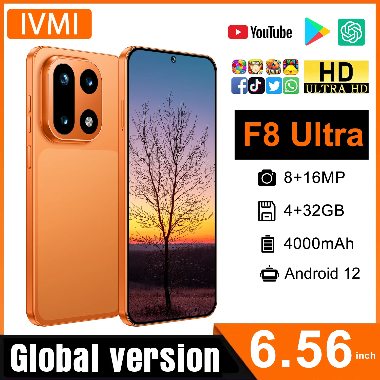 Фото Смартфон IVMI F8 Ultra, 6.56 дюйма, Android 12, 4 ГБ ОЗУ, 32 ГБ ПЗУ, Face ID, аккумулятор 4000 мАч, Google Play Store, Wi-Fi, мобильный телефон №1