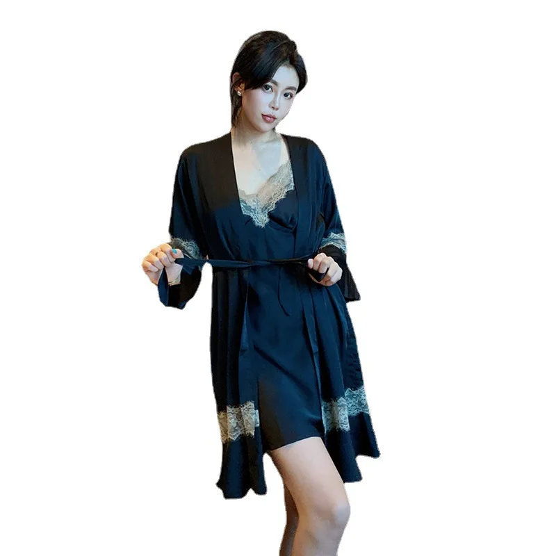 New suspender nightdress two-piece ice silk homewear wholesale sexy pajamas lingerie set with robe