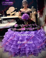 Fashion Black Velevet and Lilac Organza Mexican Ball Gown Vestido De 15 16 Anos Cheap Quinceanera Prom Dress Formal Off Shoulder