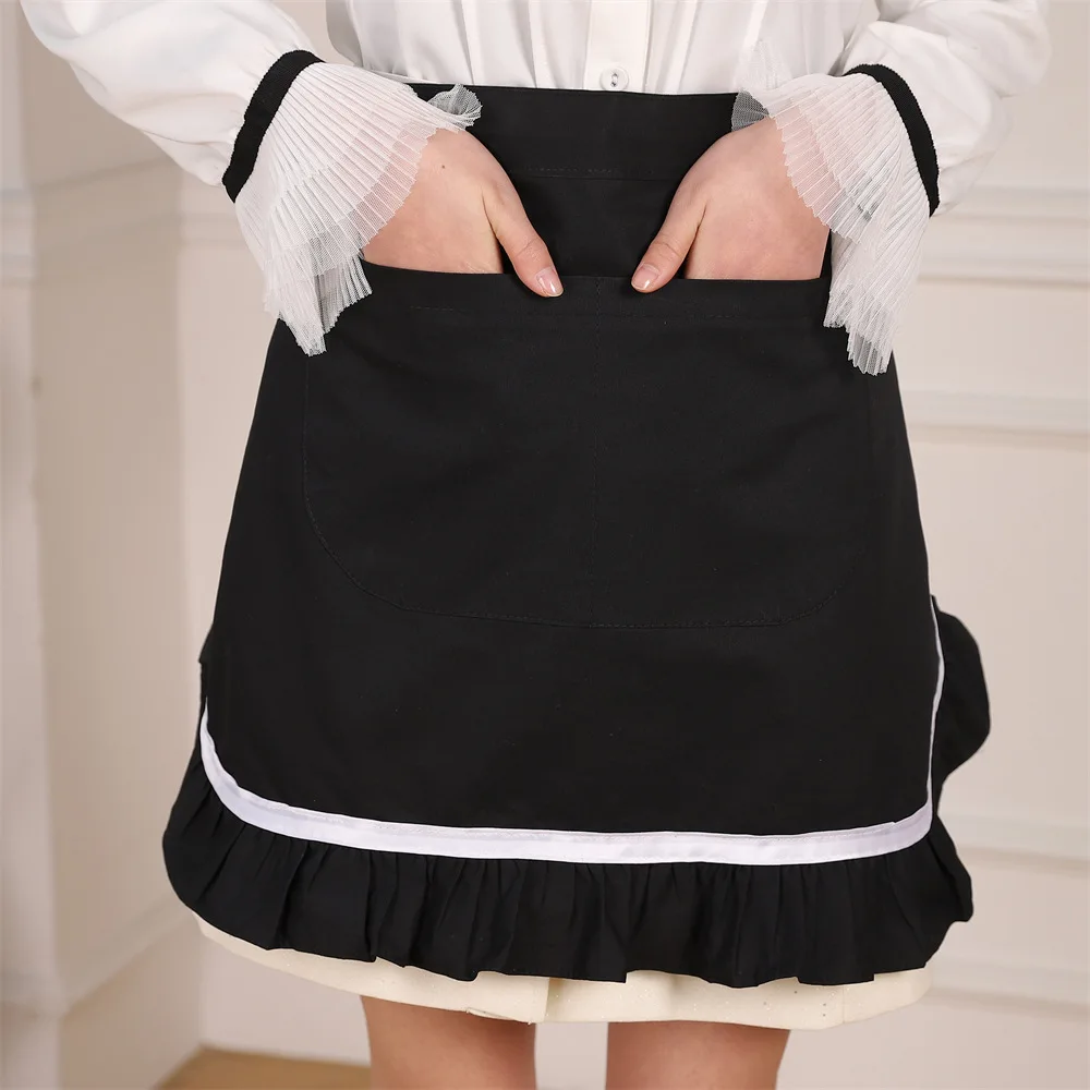 

Household Kitchen Baking Apron Cotton Black Pleated Lace Pinafore Western Restaurant Cafe Half Waisted Japanese Style Apron
