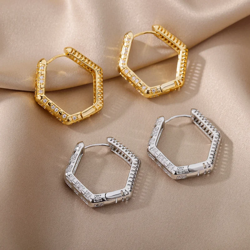 

Hollow Hexagon Hoop Earrings for Women Stainless Steel Gold Color Zircon Earrings Female 2022 Trend Couple Wedding Jewelry femme