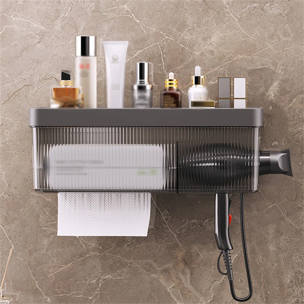 

High Capacity Tissue Box Wall Hanging Multifunctional Storage Rack Strong Load Bearing No Punching Hair Dryer Holder Non-slip
