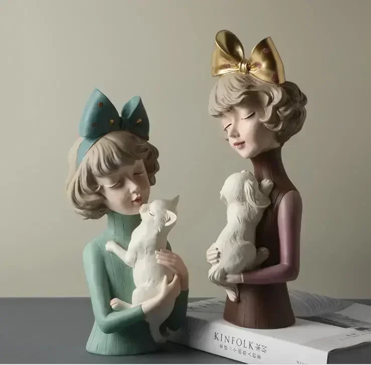 Простая милая девушка обнимающая собака кошка статуи из смолы аксессуары