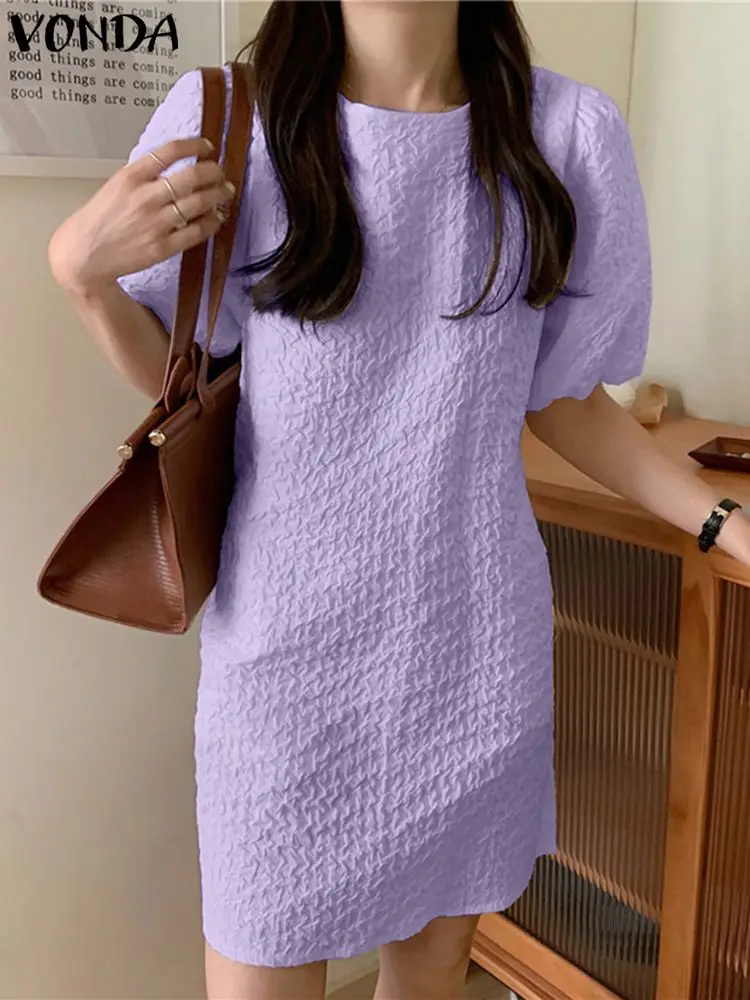 

VONDA Women Oversize Spring Pleated Mini Dress Femme Elegant O-Neck Casual Long Robe Tops Short Sleeve Solid Polyester Sundress