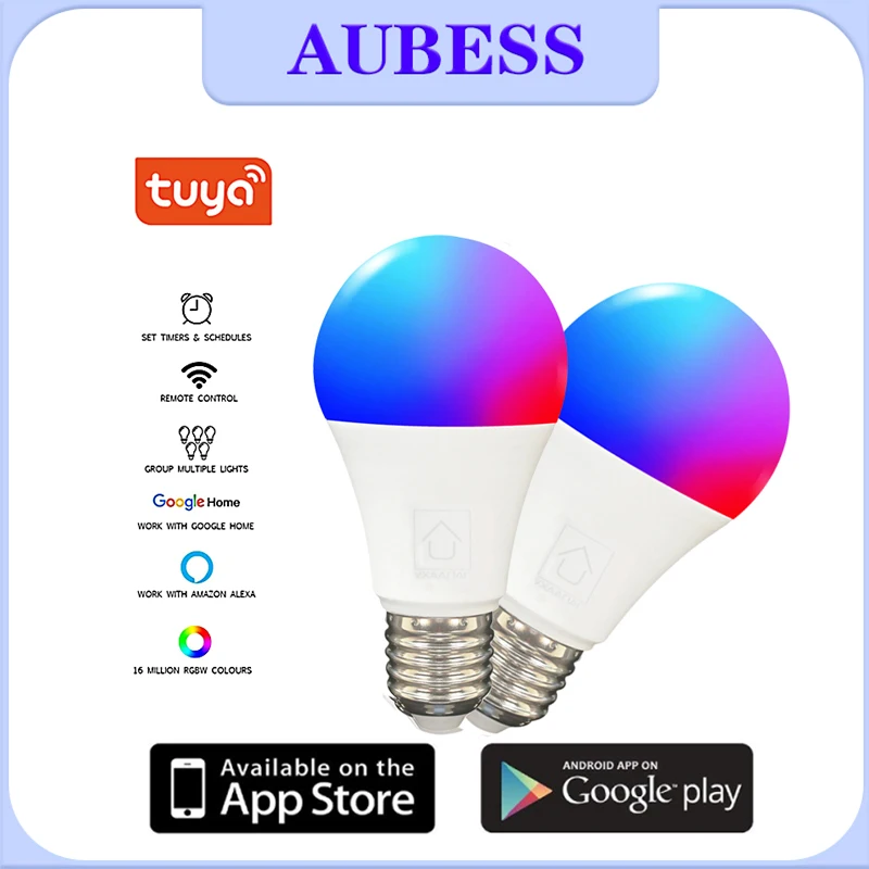 

Умная лампочка Tuya E27, 11/15 Вт, светодиодная лампа RGB, работает с Alexa/Google Home, 100-240 В, RGB +, функция регулировки яркости белого света с таймером, цветн...