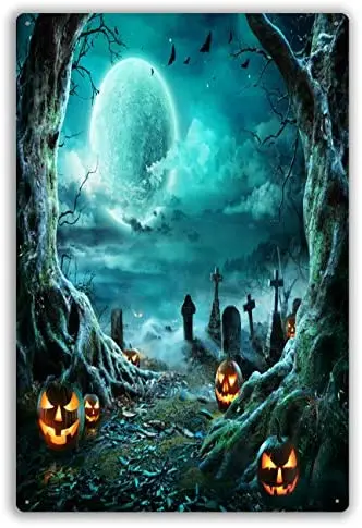 

Metal Sign Jack O Lantern Cemetery Spooky Night Full Moon