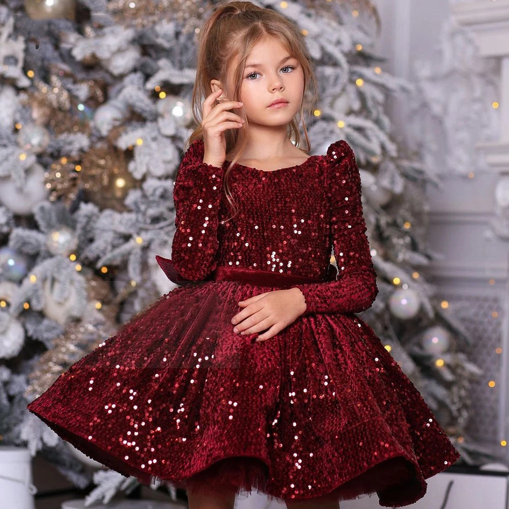 

Sequin Burgundy Baby Girl Dress Velvet Full Sleeves Knee Length Flower Girl Dress For Girls Birthday Bow Puffy First Communion