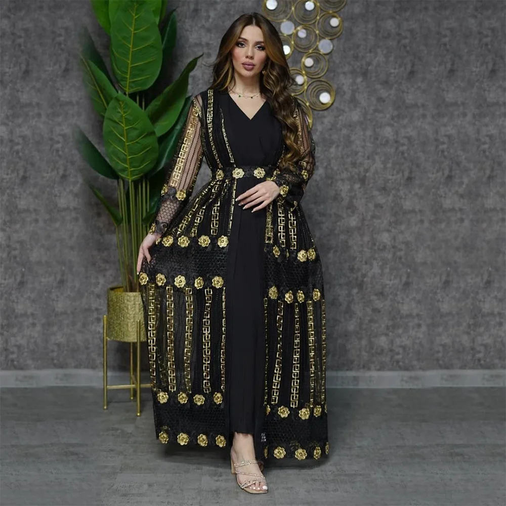 XQY500140 Middle East 2023 New Embroidered Mesh Cloth Coat with Chiffon Sundress Suit Kaftan Dress Muslim Abaya Dress Dubai