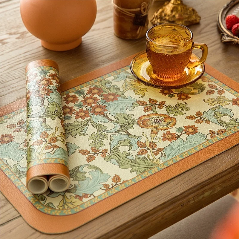 

Flowers Retro Placemat Kitchen Dining Tables Mat Heat Insulation Waterproof Bowl Cup Coasters PU Leather Place Mat Home Decor