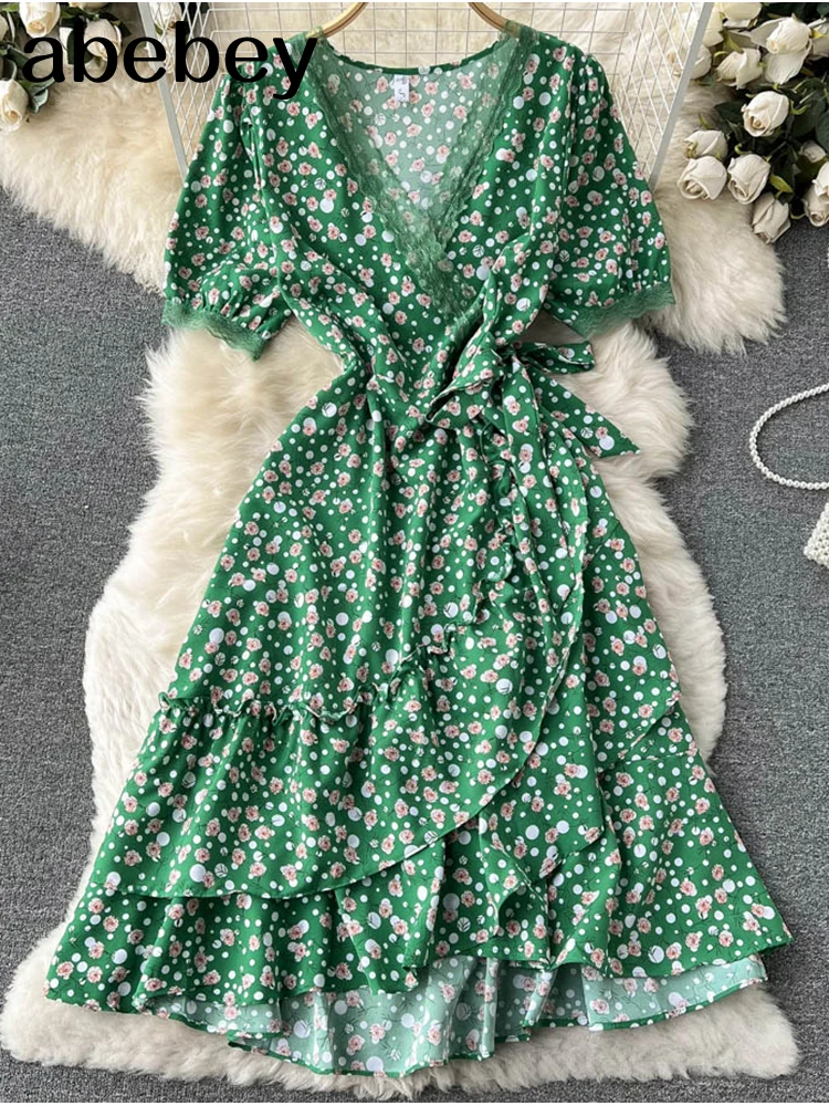 

2022 Summer Chiffon Floral Dress Women V neck Lace Bow Sweet Party Sundress Ladies Korean Print Flower Beach Midi Dress