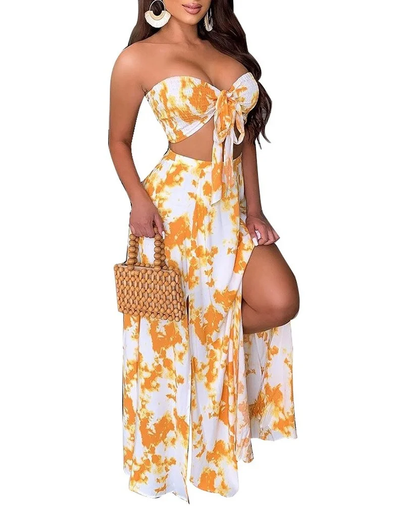 

Women Summer Boho Beach Two Piece Set Dress Sexy Crop Top+Maxi Long Skirt Floral Printed High Waist Casual Robe Femme