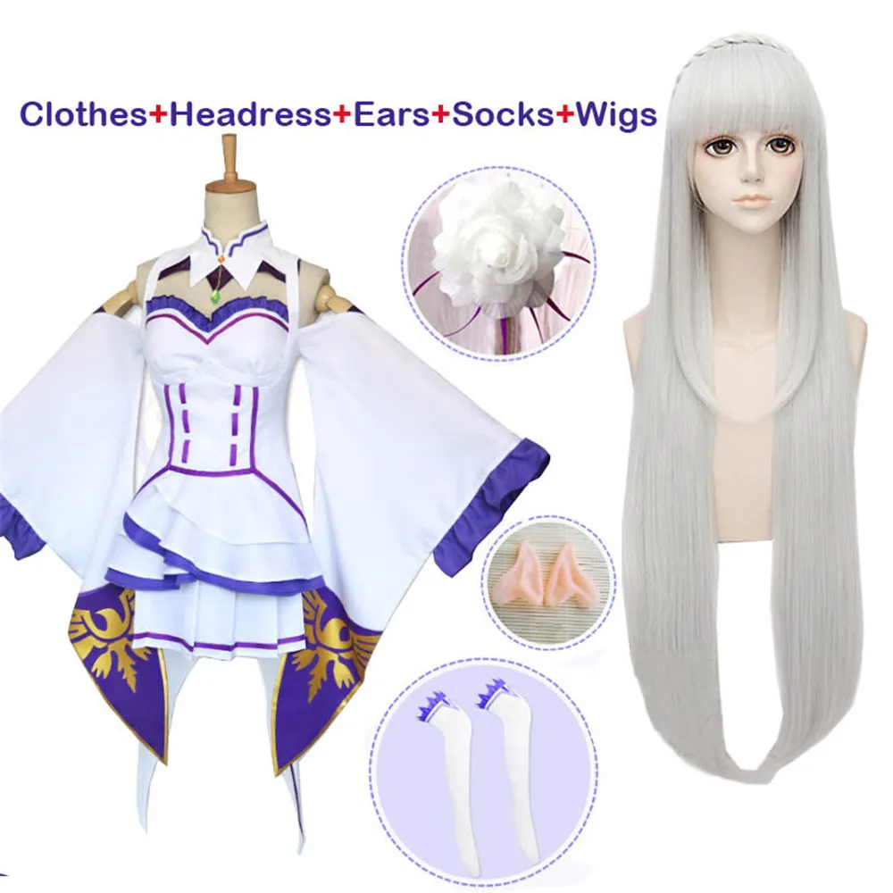 

Костюмы для косплея Re Zero Kara Hajimeru Isekai Seikatsu Emilia, женское платье с головным убором для вечевечерние НКИ на Хэллоуин