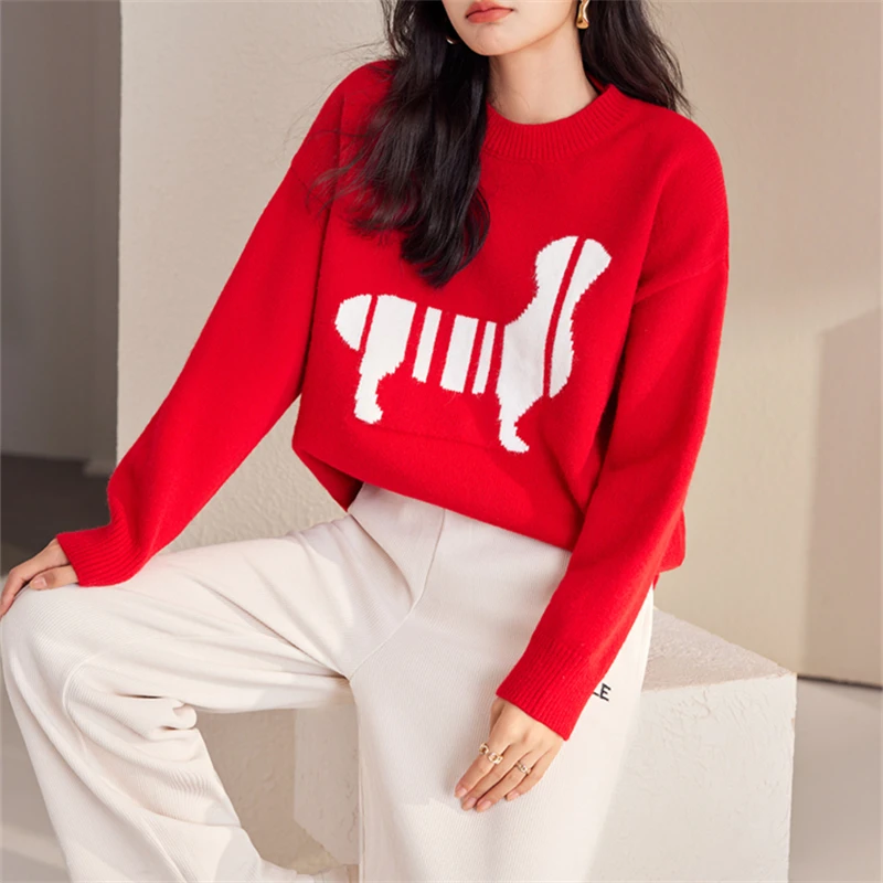 

Women's Round Neck Pullover Cartoon Red Sweater Spring Autumn New Chic Temperament Female Casual Long Sleeve Knitted Pullover