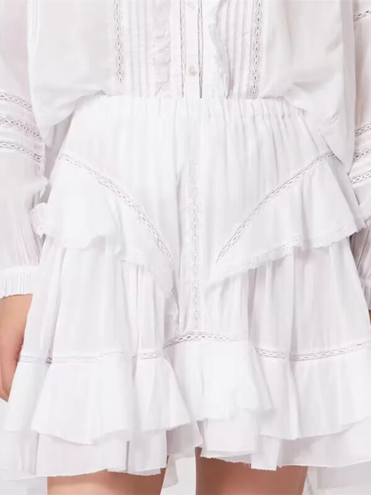 

Женская ажурная мини-юбка из 2023 хлопка, универсальная белая юбка А-силуэта с оборками и высокой талией, лето 100%