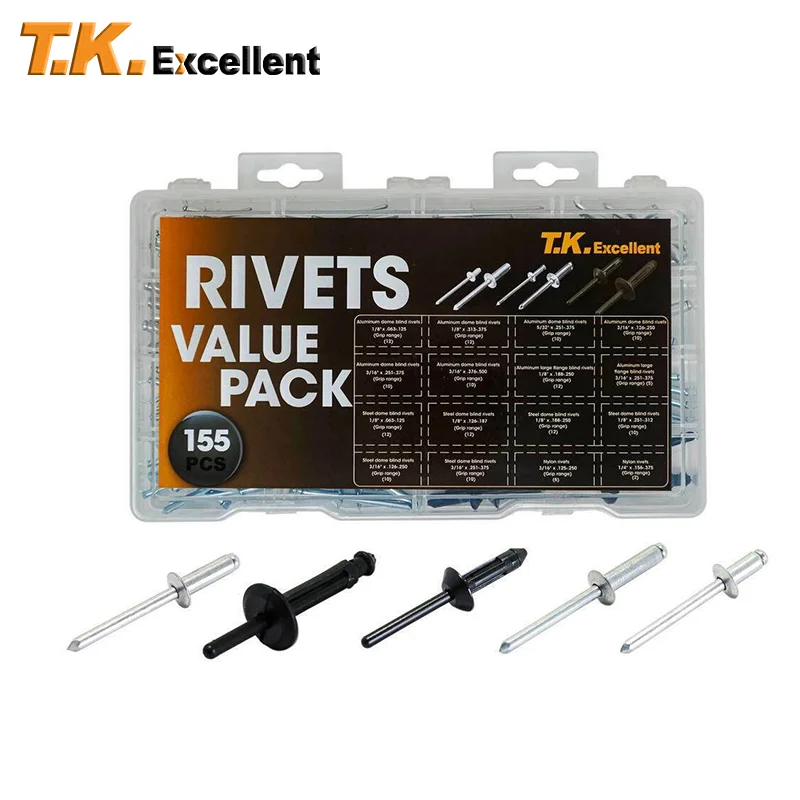 

Multiple Sizes Blind Rivets Aluminum Steel Nylon Pop Rivet Assortment Kit 155 Pcs 3.2mm 4.0mm 4.8mm Blind Rivets