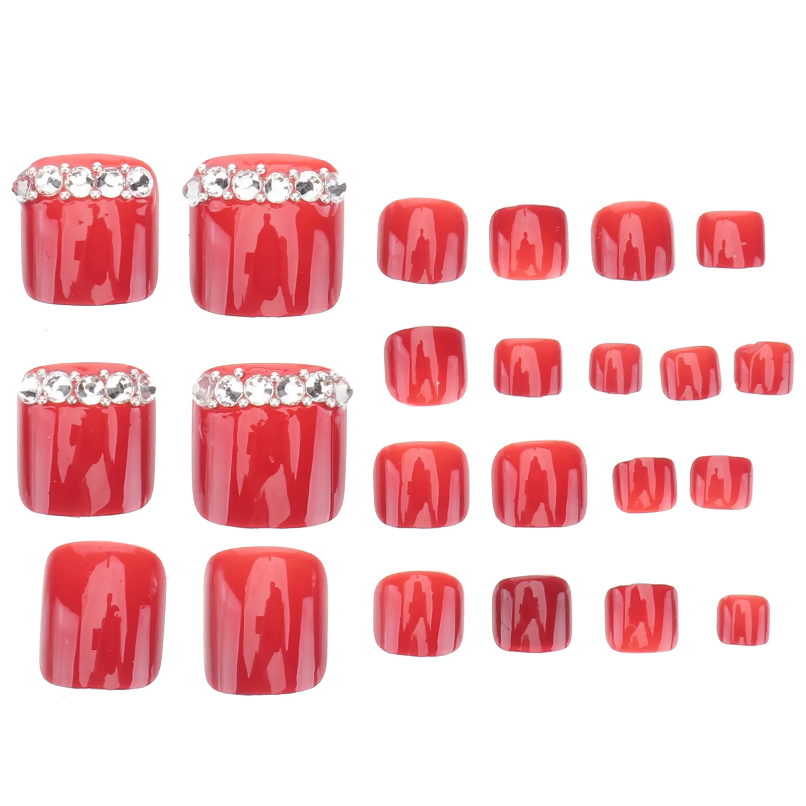 

24pcs Short Fakes Toe Nails Glossy Press on Nails Rhinestones Nails False Nails Full Cover Artificial Toe Nails for Home ( Red )