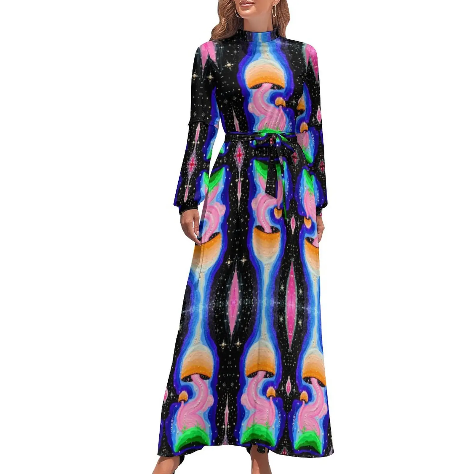 

Magic Mushroom Dress High Waist Cosmic Plants Print Design Boho Beach Dresses Long-Sleeve Aesthetic Long Maxi Dress Sexy Clothes