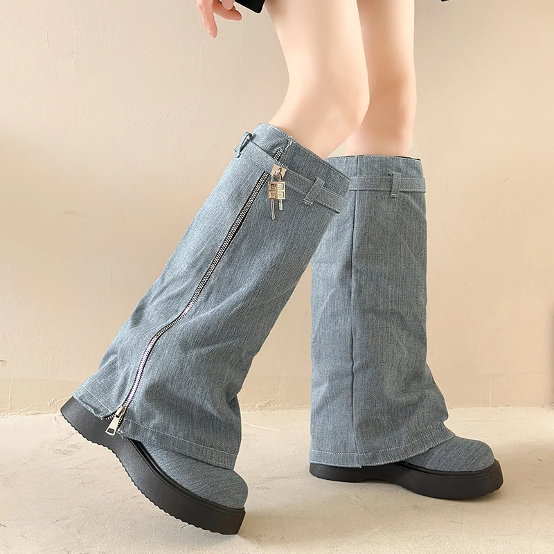 

Brand Design Ladies Cowboy Boots Fashion Denim Chunky Heels Women's Cowgirl Boots Party Solid Vintage Shoes Woman