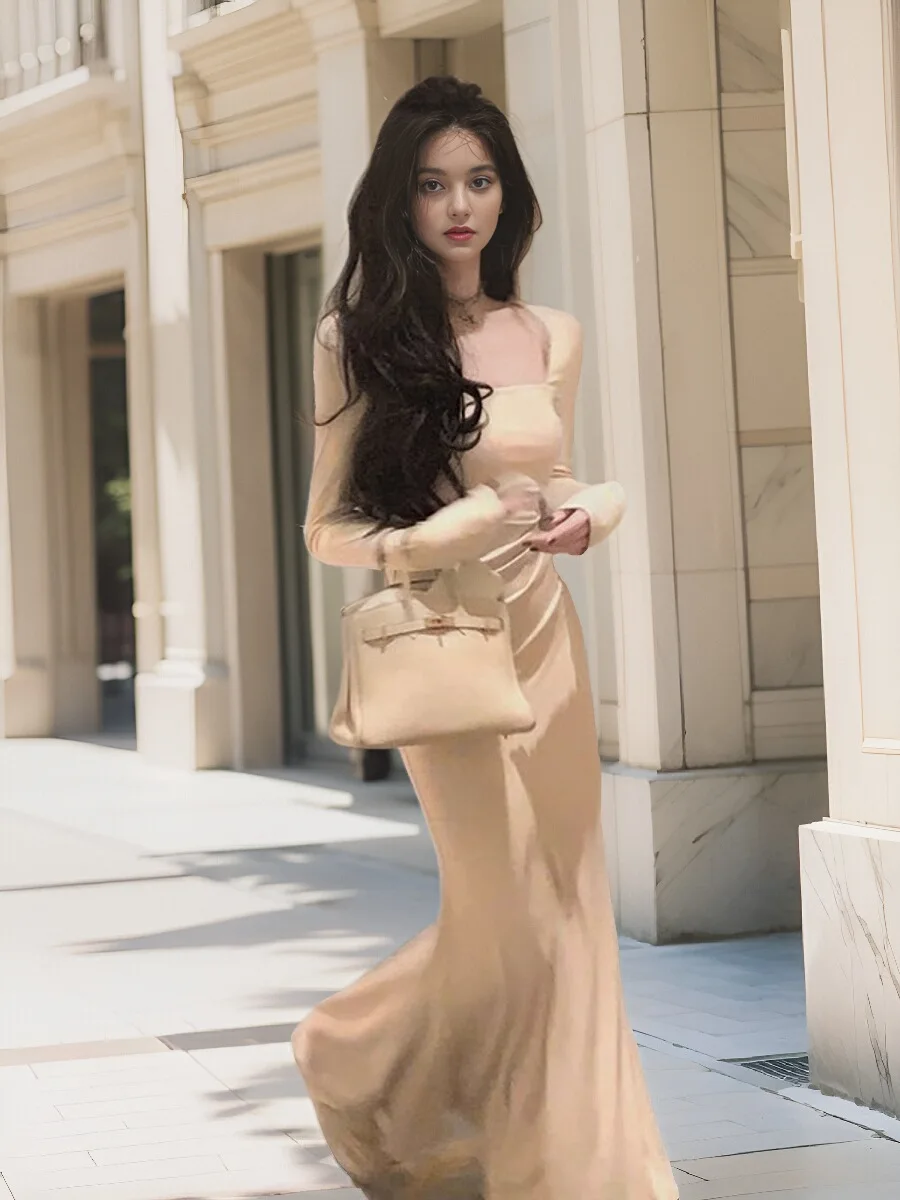 Французское вязаное платье с квадратным воротником и длинными рукавами женское