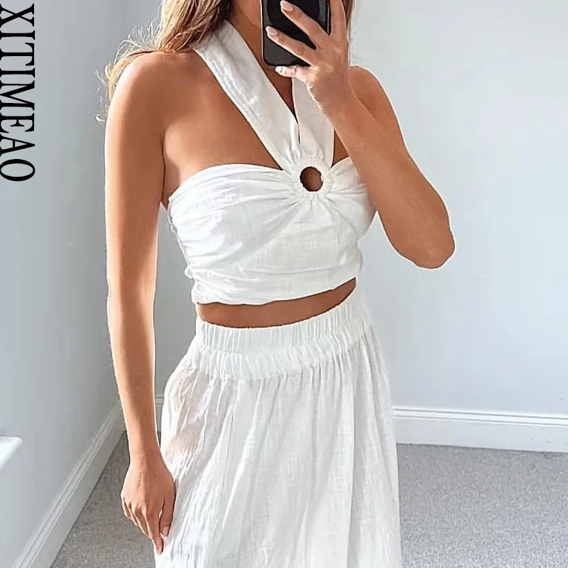 

Xitimeao Women Sexy Fashion With Ring Halterneck Tank Tops Vintage Backless Elastic Bow Tied Straps Female Camis Mujer