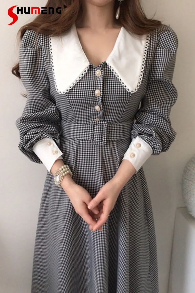 

French Style Temperament Lapel Lace Plaid Chic Single-Breasted Waist Puff Sleeve Dress Women's Elegant Slimming Dress with Belt